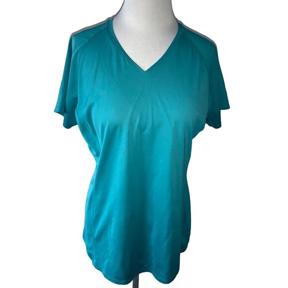 MOUNTAIN HARDWEAR LADIES SS SOLID TURQUOISE VNECK TOP TUNIC TEE TSHIRT EUC L - Picture 6 of 11